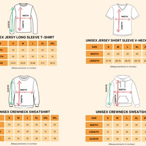 four different illustrations of a long-sleeved shirt, a short-sleeved shirt, a crew neck sweatshirt, and a hoodie, each with its own size and sleeve measurements.