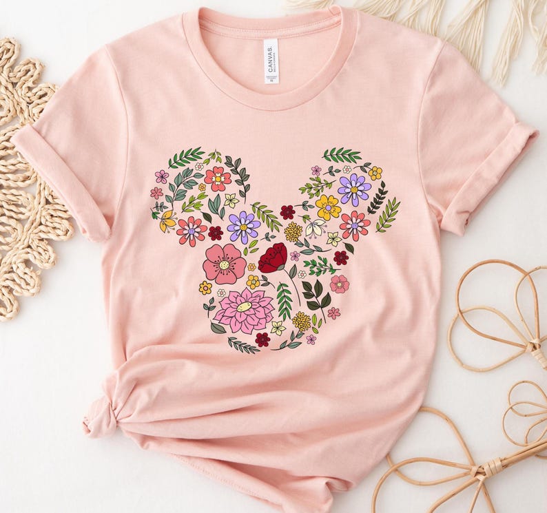 Floral Mickey Head Shirt, Disney Floral Mouse Ears Tee, Flower Mickey Shirt, Disney Vacation Tee, Disneyworld Shirt, Mickey Head Shirt Gift image 1