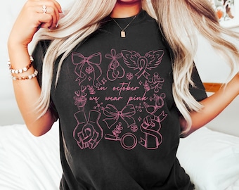 In October We Wear Pink Shirt, Pink Coquette Bow Cancer Awareness T-Shirt,Breast Cancer Awareness Tee,Cancer Fighter Motivational Sweatshirt