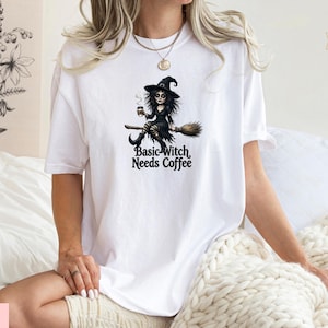 Comfort Colors Basic Witch Needs Coffee Shirt, Retro Witch Tee, Halloween Lover Gift