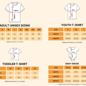 four different size charts for adult, youth, toddler, and baby t-shirts, along with their corresponding measurements in inches.