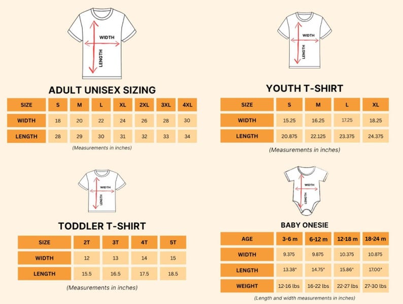 four different size charts for adult, youth, toddler, and baby t-shirts, along with their corresponding measurements in inches.