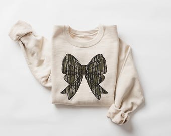 Camo Bow Sweatshirt, Camo Coquette Bow Shirt, Duck Hunting T-shirt, Hunting Lover Gift, Women's Camouflage Bow Sweatshirt, Camouflage Bow
