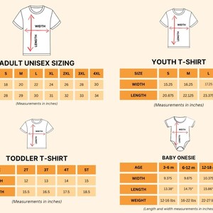 four different size charts for adult, youth, toddler, and baby t-shirts, along with their corresponding measurements in inches.
