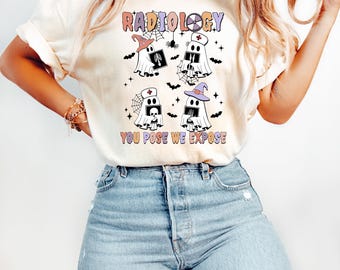 Radiology You Pose We Expose Halloween Shirt, Funny Halloween Skeleton Pumpkins T-Shirt, Radiology Technician Graphic Tees for Radiologist