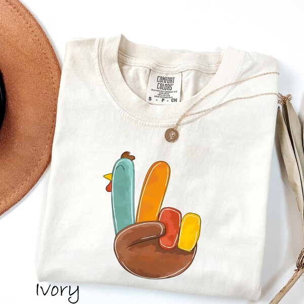 Comfort Colors® Peace Sign Turkey Hand Thanksgiving T-Shirt, Grateful Thankful Turkey Tee, Fall Autumn Holiday Sweatshirt, Retro Shirt