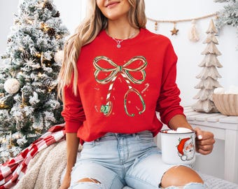 Coquette Nurse Christmas T-Shirt: Xmas Stethoscope Tee, Christmas gift for Nurse, Xmas Nurse Party Sweatshirt