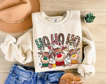 Christmas Reindeers Sweatshirt, Xmas Reindeer Hoodie, Ho Ho Ho Shirt, Santa Sweatshirt, Christmas Gift, Pink Xmas Sweater, Santa Ho Apparel