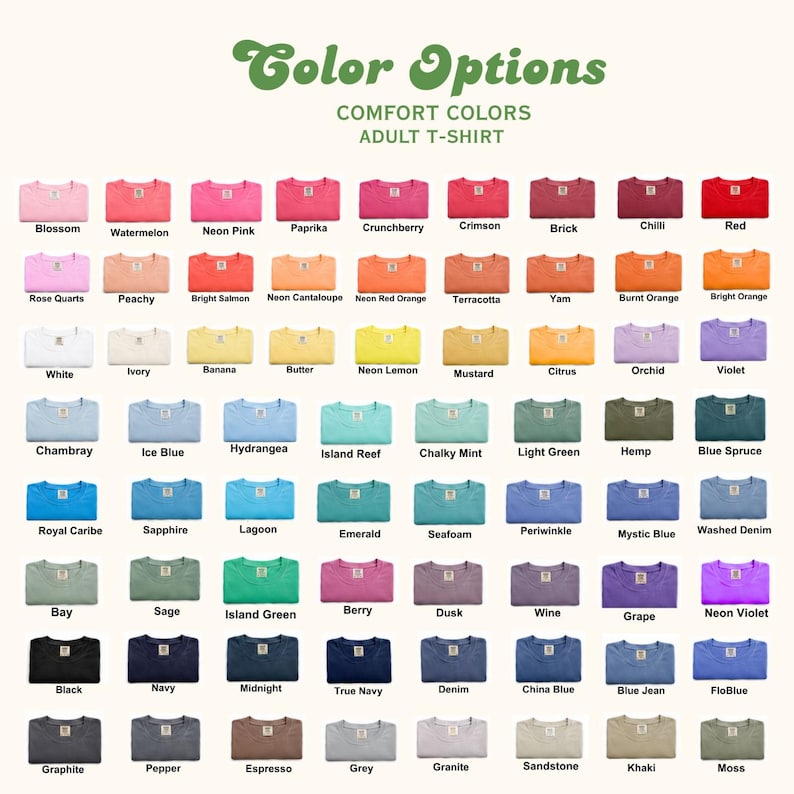a grid of various colored t-shirts, each with a different color option.