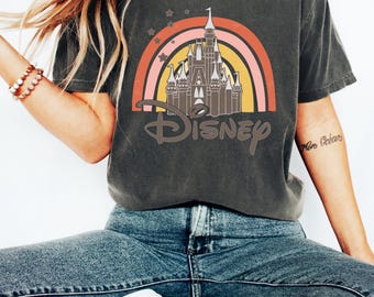Retro Disney Castle Shirt Rainbow Graphic Tee, Vintage Disney T-Shirt for Women, Magic Kingdom Shirt, Cute Disneyland Vacation Shirt