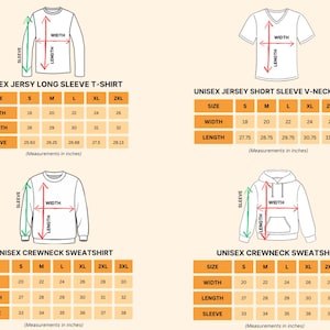 four different illustrations of a long-sleeved shirt, a short-sleeved shirt, a crew neck sweatshirt, and a hoodie, each with its own size and sleeve measurements.