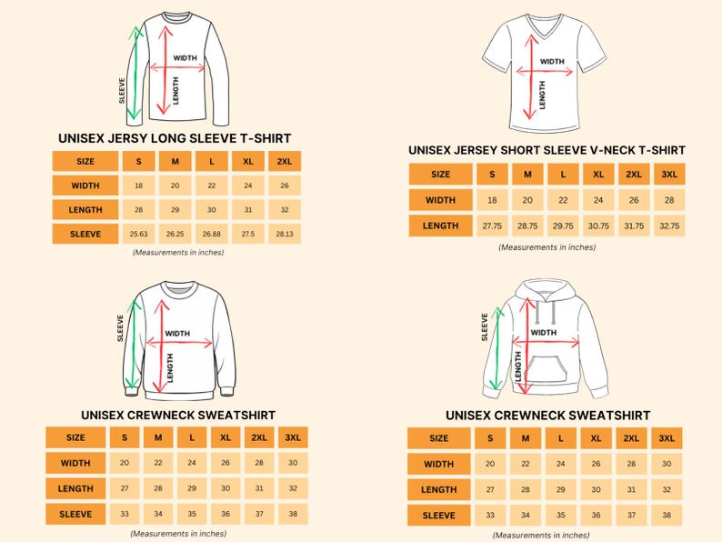 four different illustrations of a long-sleeved shirt, a short-sleeved shirt, a crew neck sweatshirt, and a hoodie, each with its own size and sleeve measurements.