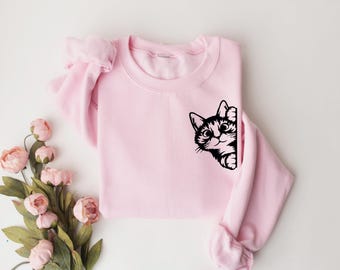 Black Cat Shirt, Cat Shirt, Cute Kitty Tee, Kitten Shirt, Gift for Cats Lover, Cat Mom Shirts, Cat Shirt Women, Cat Shirt, Cat Pocket Shirt