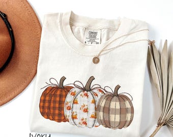 Comfort Colors® Pumpkin Shirt, Boho Fall Pumpkin T-Shirt, Patchwork Pumpkin Tee, Cute Autumn Shirt, Fall Harvest Shirt, Pumpkin Patch Shirt