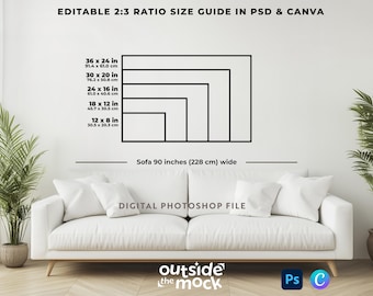 Horizontal Frame Size Guide Mockup 2x3 Ratio Poster Size Chart 8x12 to 24x36 Wall Art Display Editable Canva Photoshop Template