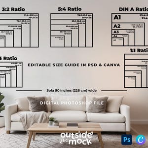 Guida alle dimensioni della cornice orizzontale, modello modificabile di Photoshop per stampe artistiche da parete, tabella delle dimensioni in pollici e cm, modello di confronto delle proporzioni di stampa artistica