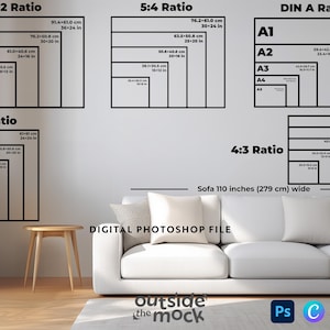 Guida alle dimensioni delle cornici orizzontali, tabella delle dimensioni delle stampe da parete, modello di soggiorno, modello modificabile per Photoshop Canva