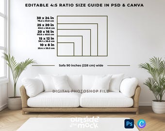 Landscape Frame Size Guide Mockup 4x5 Ratio Chart 10x8 to 30x24 Inch Wall Art Size Guide Poster Guide Editable Canva Photoshop Template