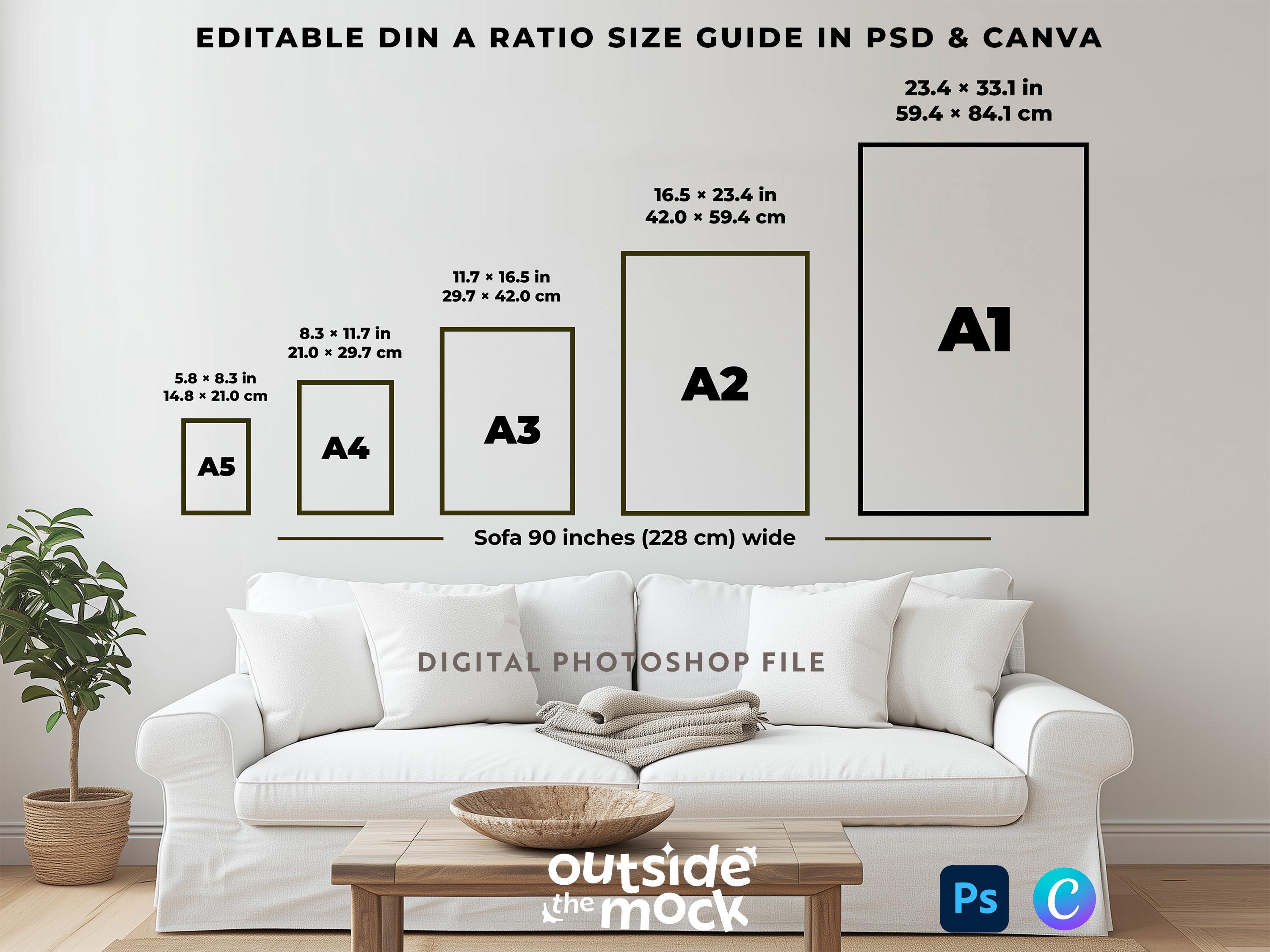 Vertical Wall Art Size Guide A1 A2 A3 A4 A5 Frame Size Mockup A1 to A5 Vertical Poster Guide Editable Canva Photoshop Living Room Template