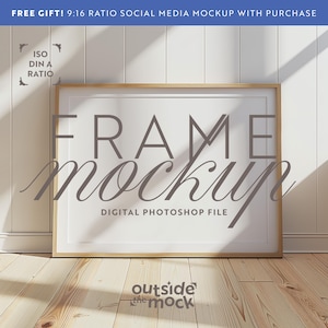 May include: A rectangular frame mockup with a white interior, leaning against a white wall and wooden floor. The text "FRAME mockup DIGITAL PHOTOSHOP FILE" is displayed on the frame. The words "outside the mock" are at the bottom.