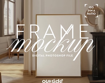 Gold Frame Mockup, Living Room Interior Home Decor, Vertical Mockup, PSD Photoshop Mockup for Posters and Prints, Elegant Home Decor Mockup