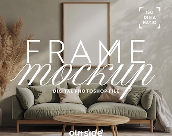 May include: A digital mockup of a framed picture on a green sofa in a living room setting. The frame is a 9:16 ratio, which is ideal for social media posts. The text "FREE GIFT!" and "ISO DIN A RATIO" are visible in the image.