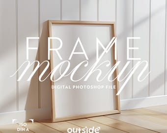 Makieta ramy DIN A, szablon ramy opartej o ścianę pod kątem do programu Photoshop, makieta PSD do wydruków i grafik, makieta cyfrowej ramki do wyświetlania