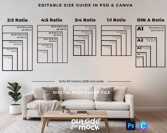 Wall Art Size Guide Bearbeitbare Canva Photoshop Mockup Vertikale Rahmengröße in Zoll und cm Kunstdruckverhältnis-Vergleichsvorlage