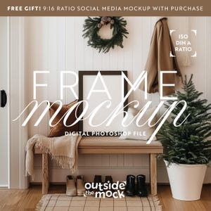 Christmas Frame Mockup in a Cozy Holiday Entryway with Wooden Bench and Winter Decor, Perfect for Displaying A4 A1 Posters, Prints & Artwork