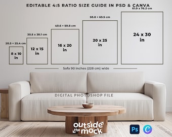 Vertical Frame Size Guide Mockup 4x5 Ratio Chart 8x10 to 24x30 Inch Wall Art Size Guide Poster Guide Editable Canva Photoshop Template