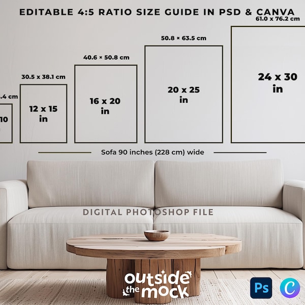 Pionowy przewodnik po rozmiarach ramek Makieta 4x5 Tabela proporcji 8x10 do 24 x 30 cali Przewodnik po rozmiarach sztuki ściennej Przewodnik po plakatach Edytowalny szablon Canva Photoshop