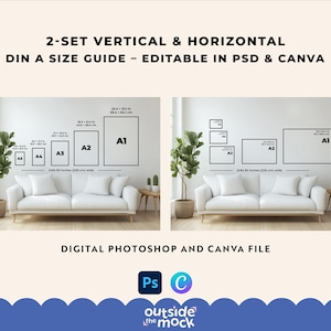Op de afbeelding: Een afbeelding met een digitaal bestand voor afdrukformaatgidsen. De tekst luidt "2-SET VERTICAL & HORIZONTAL DIN A SIZE GUIDE - EDITABLE IN PSD & CANVA." De afbeelding toont voorbeelden van A1, A2, A3, A4 en A5 formaten. De bank is 228 cm breed.