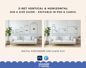 DIN A Frame Size Guide Bundle A1 to A5 Vertical & Horizontal Wall Art Size Chart Editable Canva Photoshop Mockup Living Room Template
