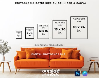 Vertical Frame Size Guide Mockup 3x4 Ratio Chart 6x8 to 18x24 Wall Art Size Guide Poster Chart Editable Canva Photoshop Template
