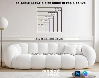 Storleksguide för fyrkantig väggkonst Storleksguide för fyrkantig ram Mockup 8x8 till 24x24 Guide för fyrkantig affisch Redigerbar Canva Photoshop-mall för vardagsrum
