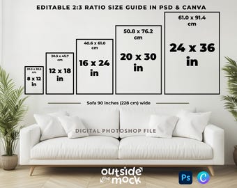 Vertical Frame Size Guide Mockup 2x3 Ratio Chart 8x12 to 24x36 Wall Art Size Guide Poster Display Editable Canva Photoshop Template