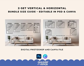 Frame Size Guide Bundle Vertikale und Horizontale Wandkunst Größentabelle Alle Verhältnisse bearbeitbar Canva Photoshop Mockup Vorlage in Zoll und CM