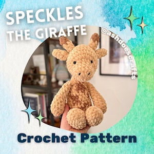 May include: A plush, tan-colored giraffe with brown spots and accents. The giraffe has a friendly expression and is labeled "SPECKLES THE GIRAFFE" and "Crochet Pattern". The background is a watercolor design with a light blue and green gradient.