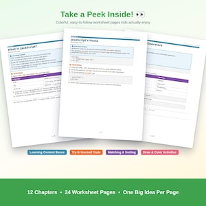 May include: Three educational worksheet pages titled What Is JavaScript?, JavaScript's Home, and Operators. The pages feature learning content boxes, code snippets, matching activities, and drawing tasks with text in black, blue, and purple on white paper.