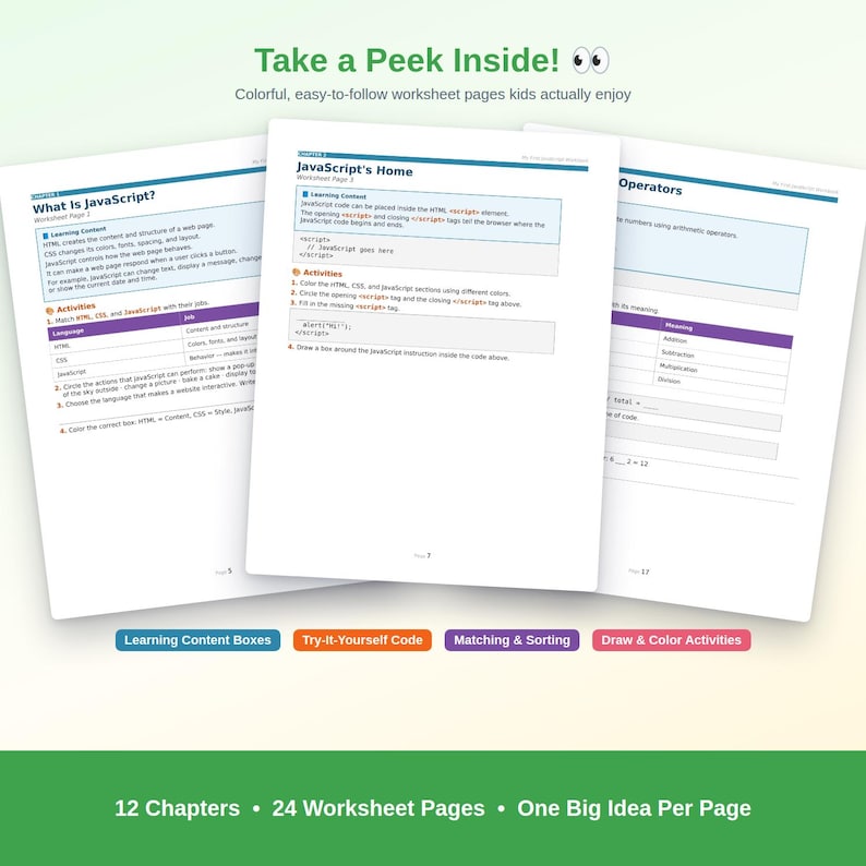 May include: Three educational worksheet pages titled What Is JavaScript?, JavaScript's Home, and Operators. The pages feature learning content boxes, code snippets, matching activities, and drawing tasks with text in black, blue, and purple on white paper.
