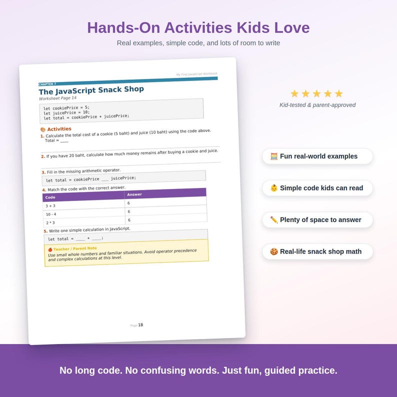 May include: A white educational worksheet titled The JavaScript Snack Shop, featuring programming exercises for children. The page includes code snippets, maths problems, and a table for matching calculations, with text labels highlighting fun examples and simple code.