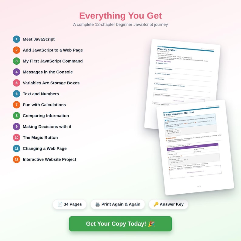 May include: A 12-chapter JavaScript educational guide featuring a numbered list of topics from Meet JavaScript to Interactive Website Project, two sample worksheet pages, and icons for 34 pages, print again and again, and answer key.