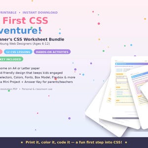 CSS-Arbeitsblatt für Anfänger | Programmierübung zum Ausdrucken | HTML/CSS-Grundlagen lernen | Webdesign-Übung für Anfänger | Sofortiger digitaler Download