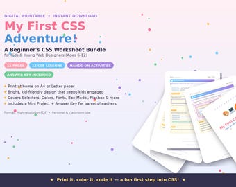 CSS for Beginners Worksheet | Coding Printable | Learn HTML/CSS Basics | Beginner Web Design Activity | Instant Digital Download