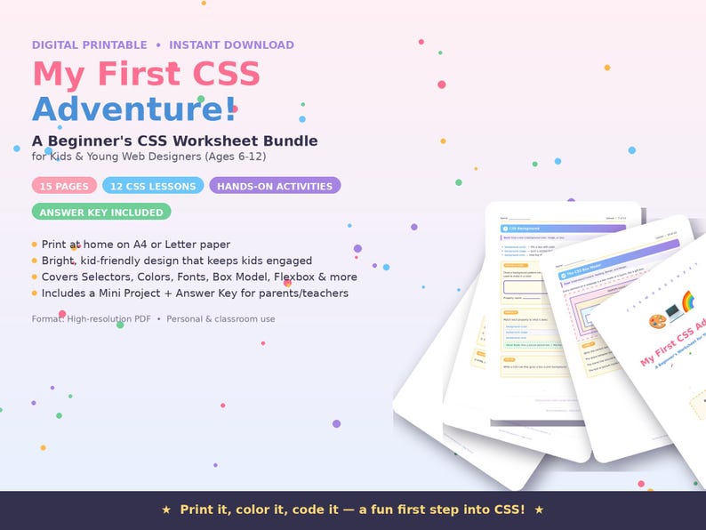 CSS for Beginners Worksheet | Coding Printable | Learn HTML/CSS Basics | Beginner Web Design Activity | Instant Digital Download image 1