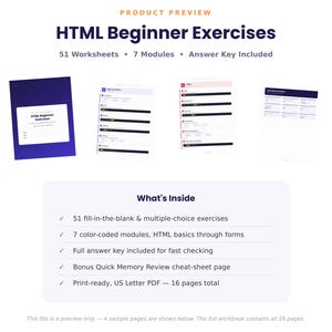 Pode incluir: Uma prévia de produto para exercícios de HTML para iniciantes com 51 planilhas em 7 módulos e gabarito. O documento inclui exercícios de preencher lacunas, múltipla escolha, seções codificadas por cores e uma folha de revisão rápida.