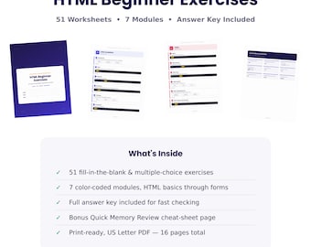 HTML Beginner Exercises Workbook | 51 Coding Worksheets + Answer Key | Printable PDF