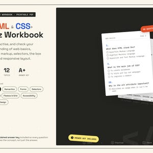 May include: A printable PDF HTML and CSS quiz workbook featuring 88 questions across 12 topics. The cover displays the title, a list of covered subjects like Web Basics and Box Model, and an answer key. Two sample pages show multiple-choice questions.