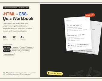 HTML & CSS Beginner Quiz Workbook | 88 Questions, Answer Key (PDF)