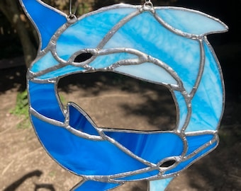 Stained Glass Blue Dolphin Circle Suncatcher